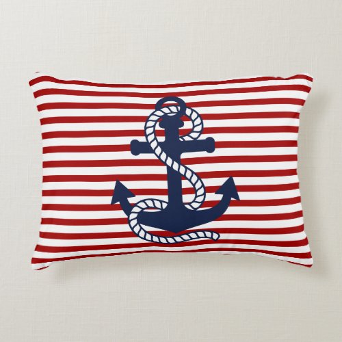 Nautical Red White Stripes and Blue Anchor Accent Pillow