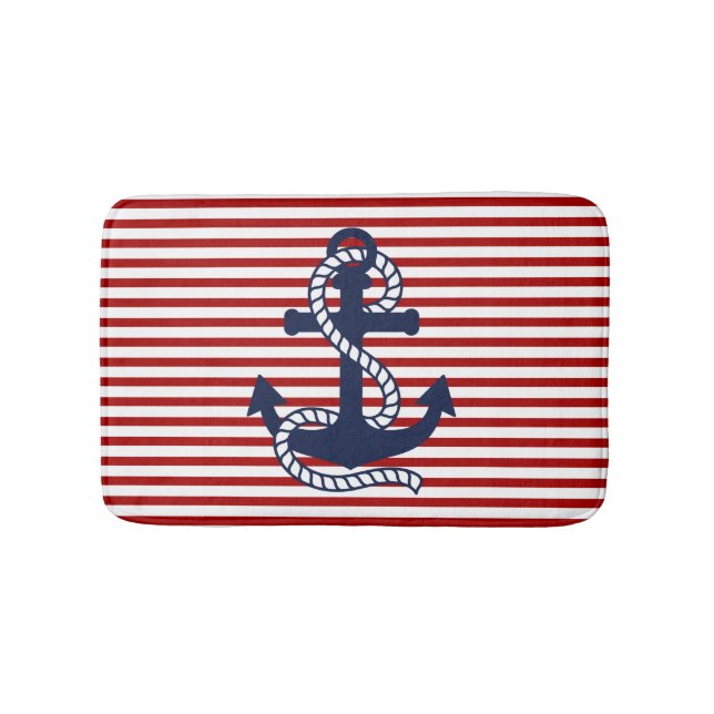Nautical Red White Stripes and Blue Anchor Bathroom Mat (Front)
