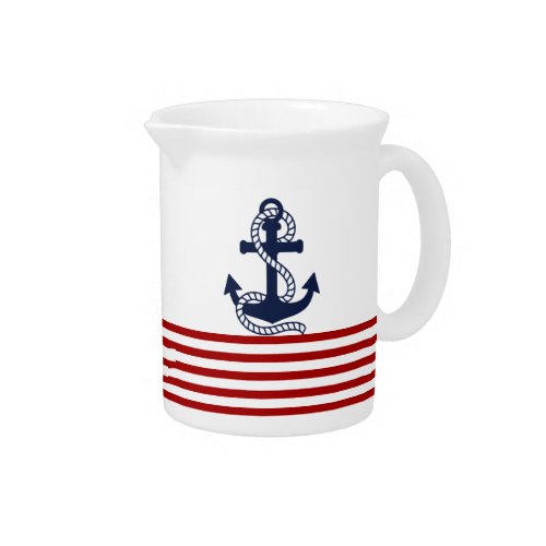 Nautical Red White Stripes and Blue Anchor Beverage Pitcher