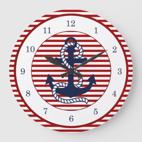 Nautical Red White Stripes and Blue Anchor Large Clock