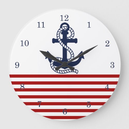 Nautical Red White Stripes and Blue Anchor Large Clock