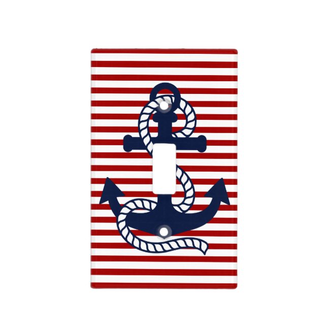 Nautical Red White Stripes and Blue Anchor Light Switch Cover (Front)
