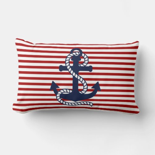 Nautical Red White Stripes and Blue Anchor Lumbar Pillow