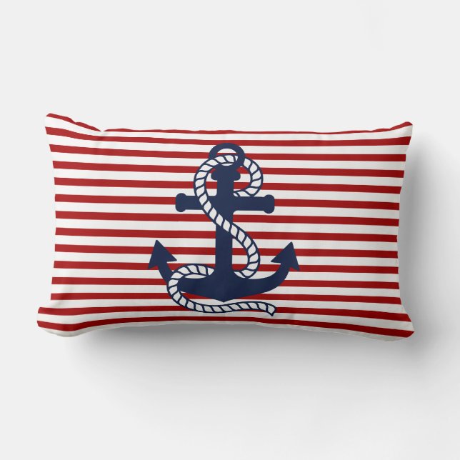 Nautical Red White Stripes and Blue Anchor Lumbar Pillow (Front)