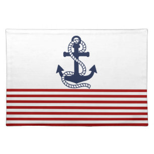 Nautical Red White Stripes and Blue Anchor Placemat