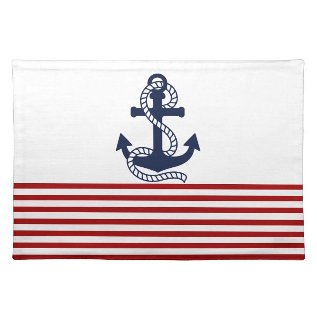 Nautical Red White Stripes and Blue Anchor Placemat (Front)