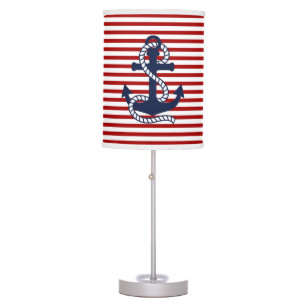 Nautical Red White Stripes and Blue Anchor Table Lamp