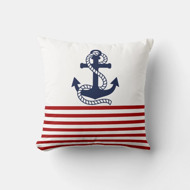 Nautical Red White Stripes and Blue Anchor Throw Pillow (Front)