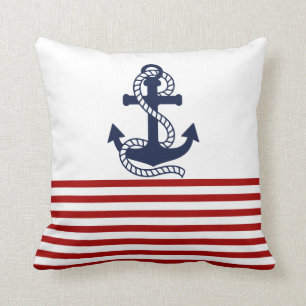 Nautical Red White Stripes and Blue Anchor Throw Pillow