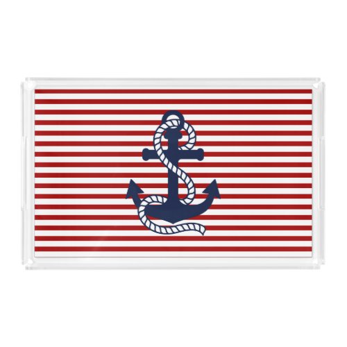 Nautical Red White Stripes and Navy Blue Anchor Acrylic Tray