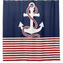 Nautical Red White Stripes and Red Anchor Shower Curtain