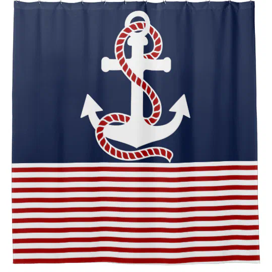 Red Anchor Shower Curtain, Red And Blue Striped Shower Curtain