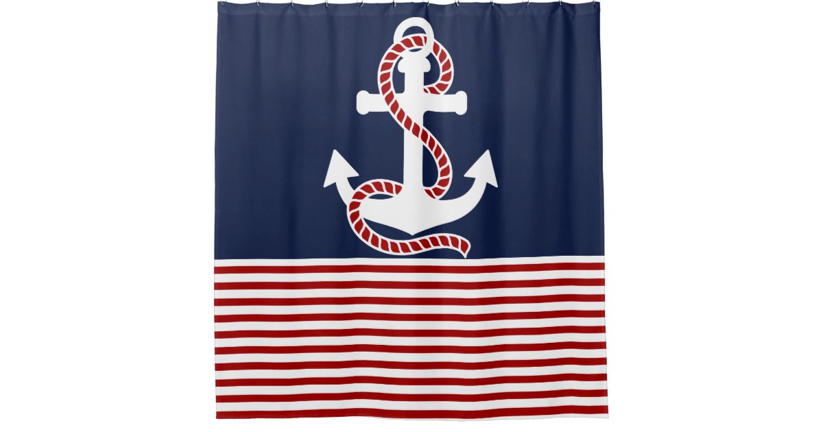 Red Anchor Shower Curtain, Red White Shower Curtain