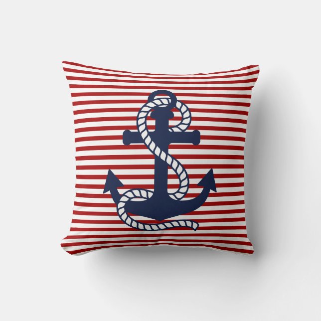 Nautical Red White Stripes and Red Anchor Throw Pillow (Front)