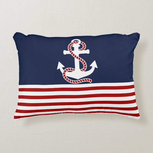 Nautical Red White Stripes and White Anchor Accent Pillow (Front)