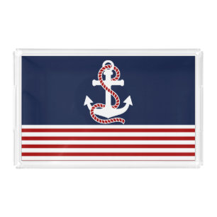 Nautical Red White Stripes and White Anchor Acrylic Tray