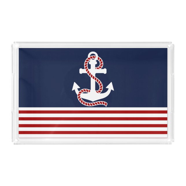 Nautical Red White Stripes and White Anchor Acrylic Tray (Front)