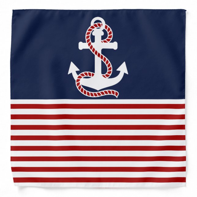 Nautical Red White Stripes and White Anchor Bandana (Front)