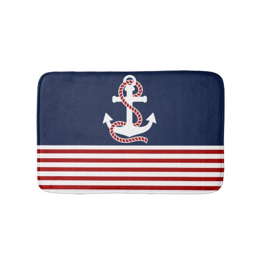 Nautical Red White Stripes And White Anchor Bath Mat Zazzle Com