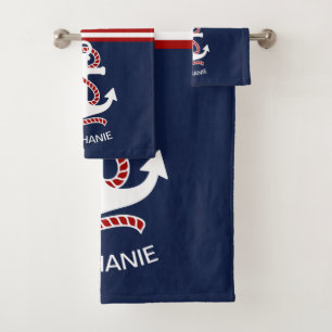 Nautical Red White Stripes and White Anchor Bath Towel Set
