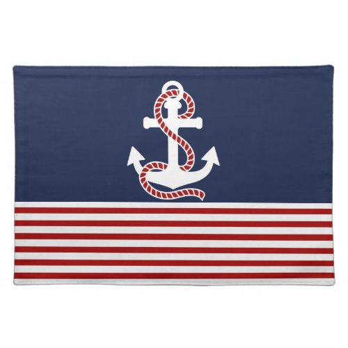 Nautical Red White Stripes and White Anchor Cloth Placemat
