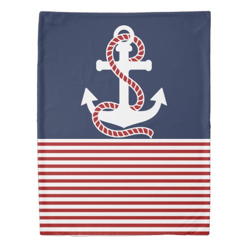 Nautical Red White Stripes and White Anchor Duvet Cover