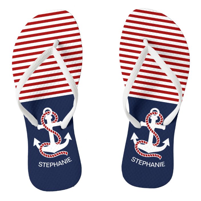 Nautical Red White Stripes and White Anchor Flip Flops | Zazzle.com