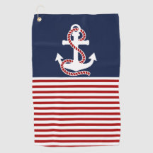 Nautical Red White Stripes and White Anchor