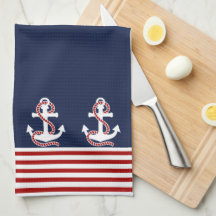 Nautical Red White Stripes and White Anchor