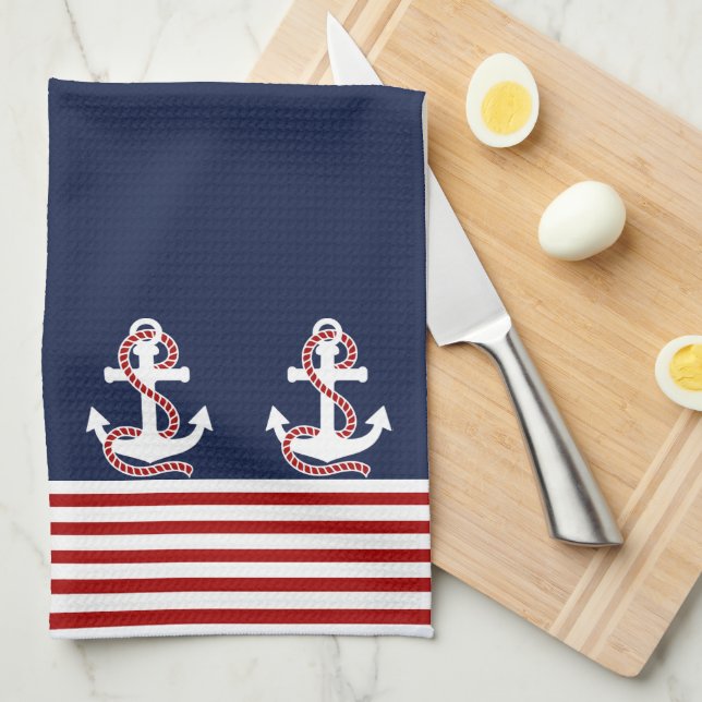 Nautical Red White Stripes and White Anchor Kitchen Towel (Quarter Fold)