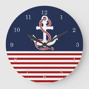 Nautical Red White Stripes and White Anchor Large Clock