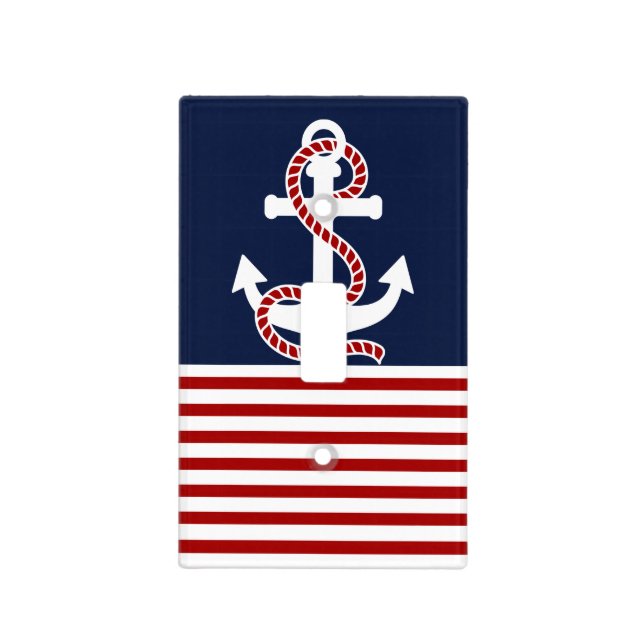 Nautical Red White Stripes and White Anchor Light Switch Cover (Front)