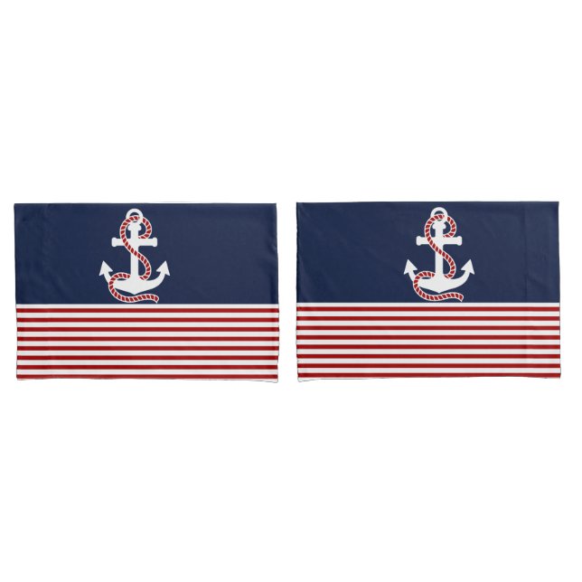 Nautical Red White Stripes and White Anchor Pillow Case (Front-Set)