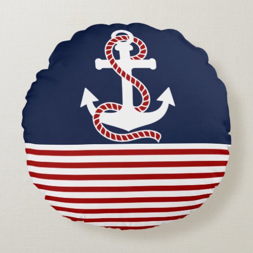 Nautical Red White Stripes and White Anchor Round Pillow