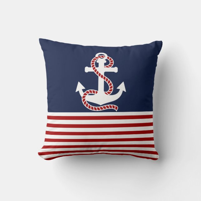 Nautical Red White Stripes and White Anchor Throw Pillow (Front)