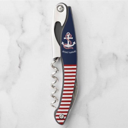 Nautical Red White Stripes and White Anchor Waiters Corkscrew