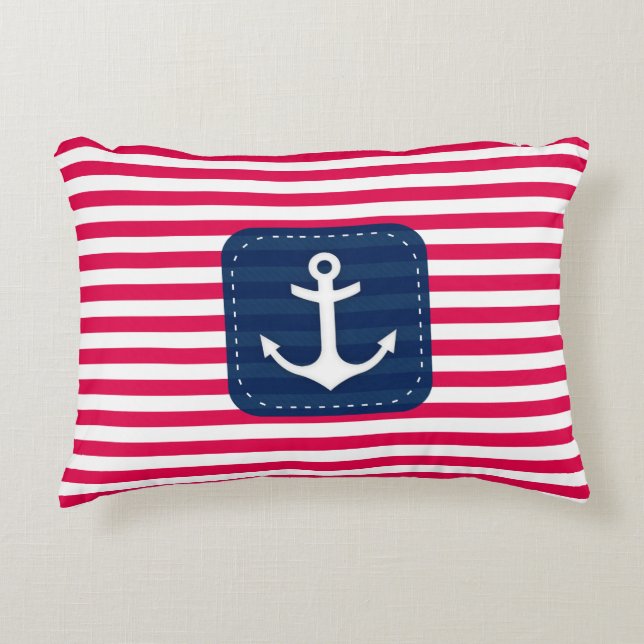 Nautical Red White Stripes Navy Blue Banner Anchor Decorative Pillow (Front)