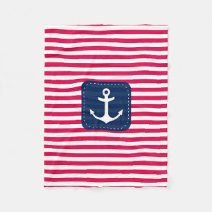 Nautical Red White Stripes Navy Blue Banner Anchor Fleece Blanket