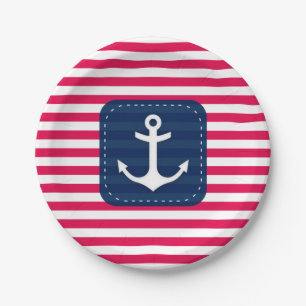 Nautical Red White Stripes Navy Blue Banner Anchor Paper Plates