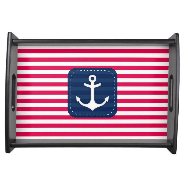 Nautical Red White Stripes Navy Blue Banner Anchor Serving Tray (Front)