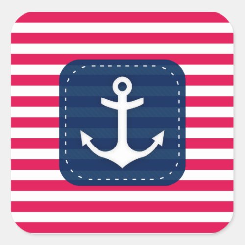 Nautical Red White Stripes Navy Blue Banner Anchor Square Sticker