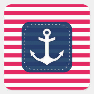 Nautical Red White Stripes Navy Blue Banner Anchor Square Sticker