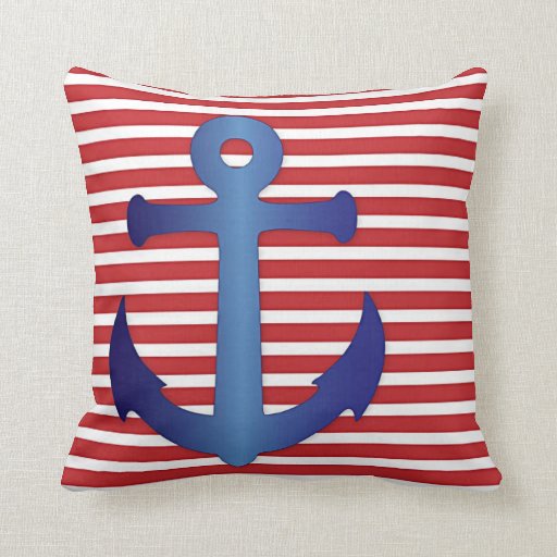 Nautical Red White Stripes Pattern Blue Anchor Pillow | Zazzle