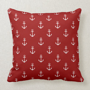 Nautical Red With White Anchors Throw Pillow