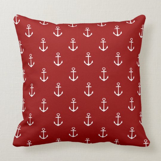 Nautical Red With White Anchors Throw Pillow