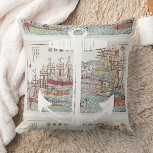 Nautical Red Yellow Blue Anchor Tall Ships Throw Pillow