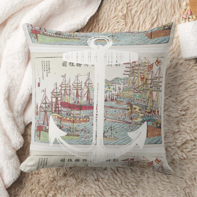 Nautical Red Yellow Blue Anchor Tall Ships Throw Pillow (Blanket)