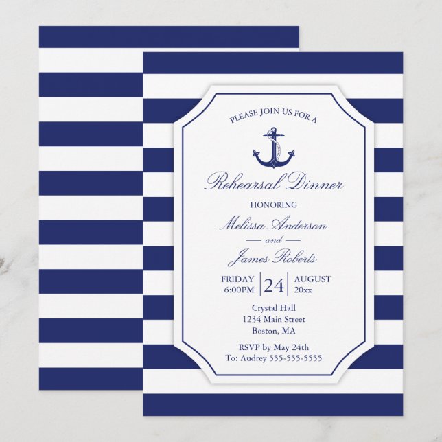 Nautical Rehearsal Dinner Anchor Navy Wedding Invitation (Front/Back)