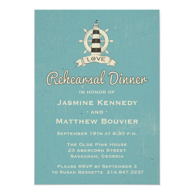 Nautical Rehearsal Dinner Blue Teal Lighthouse Invitation