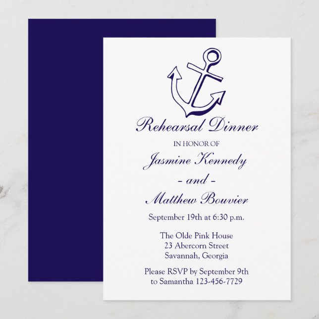 Nautical Rehearsal Dinner Navy Blue Ship Anchor Invitation (Front/Back)